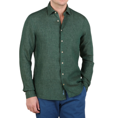 Stenströms Green Linen Cutaway Fitted Body Shirt Front