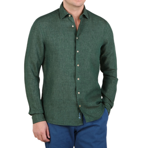 Stenströms Green Linen Cutaway Slimline Shirt Front