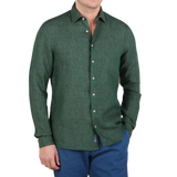 Stenströms Green Linen Cutaway Slimline Shirt Front
