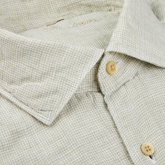 Stenströms Green Micro-Checked Linen Slimline Shirt Collar