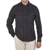 Stenströms Grey Cotton Corduroy Western Slimline Shirt Front