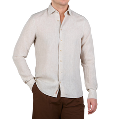 Stenströms Light Beige Linen Slimline Shirt Front