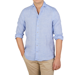 Stenströms Light Blue Linen Cutaway Slimline Shirt Front