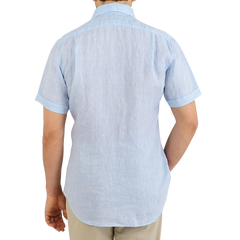 Stenströms Light Blue Linen Fitted Body Short Sleeve Shirt Back