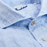 Stenströms Light Blue Linen Fitted Body Short Sleeve Shirt Collar