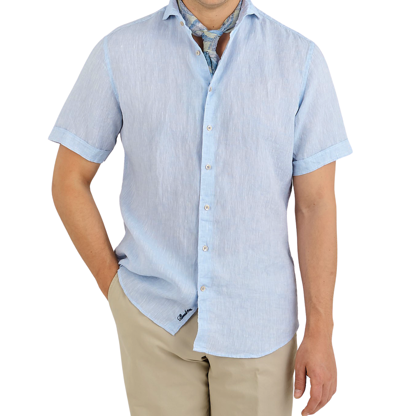 Stenströms Light Blue Linen Fitted Body Short Sleeve Shirt Front