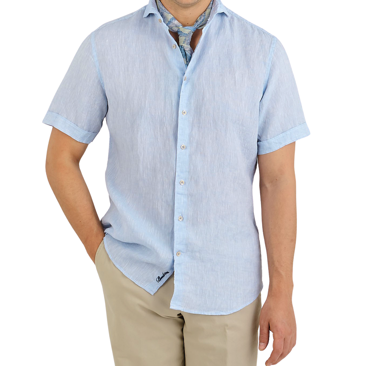 Stenströms Light Blue Linen Fitted Body Short Sleeve Shirt Front