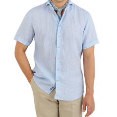 Stenströms Light Blue Linen Fitted Body Short Sleeve Shirt Front