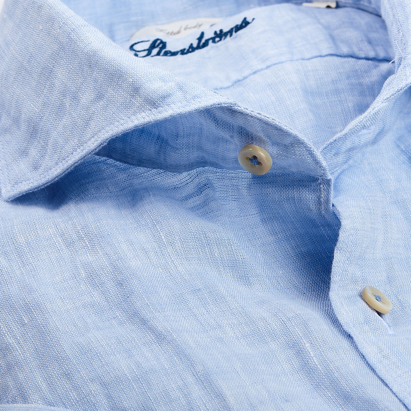 Stenströms Light Blue Linen Fitted Body Short Sleeve Shirt Open