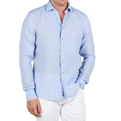 Stenströms Sky Blue Linen Cutaway Fitted Body Shirt Front