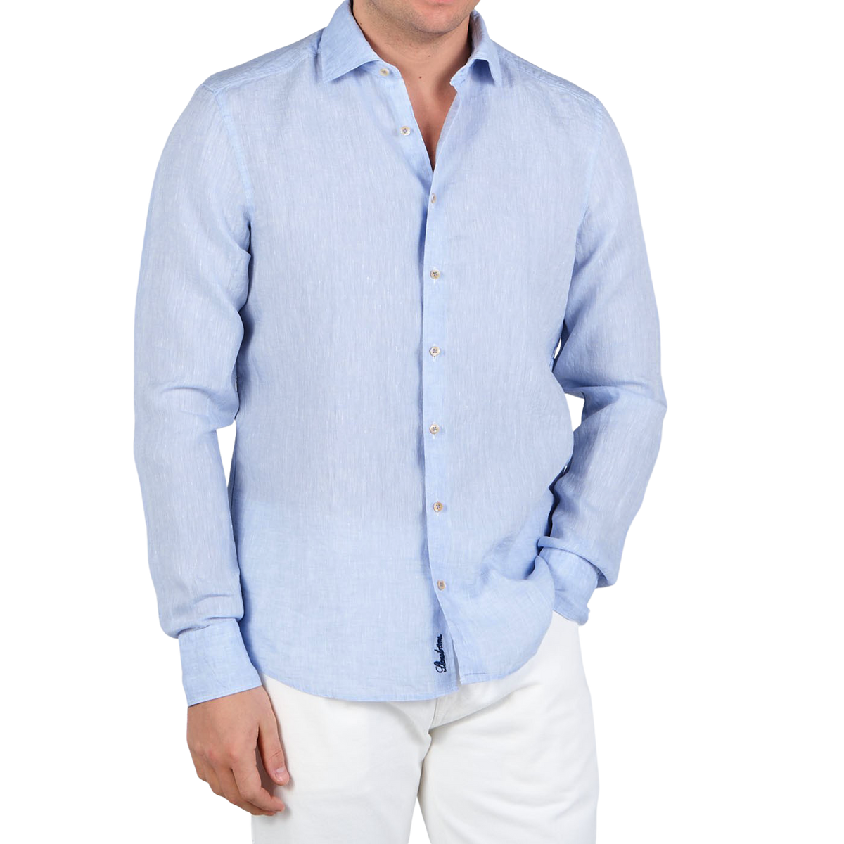 Stenströms Sky Blue Linen Cutaway Slimline Shirt Front