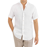 Stenströms White Linen Fitted Body Short Sleeve Shirt Front