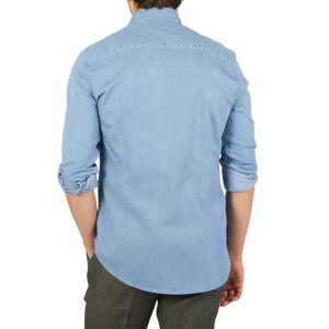Stenströms Light Blue Cotton Denim Slimline Shirt Back
