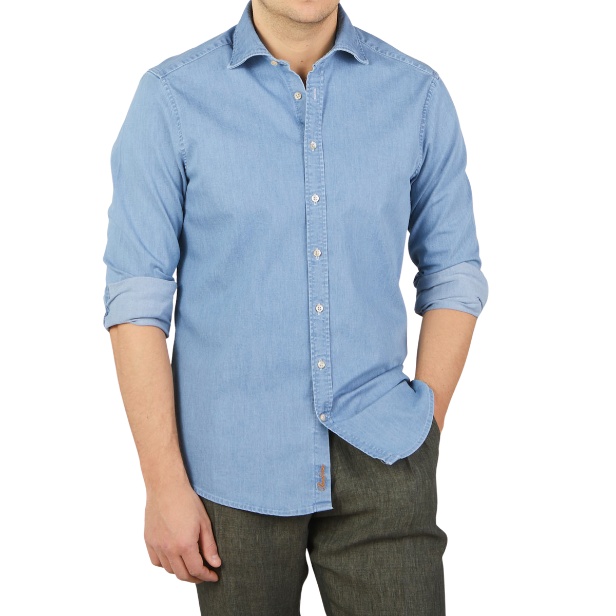 Stenströns Light Blue Cotton Denim Slimline Shirt Front