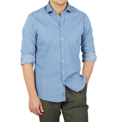 Stenströms Light Blue Cotton Denim Slimline Shirt Front