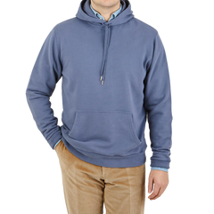 Sunspel Blue Slate Cotton Loopback Hoodie Front