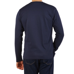 Sunspel Navy Blue Cotton Riviera Long Sleeve T-Shirt Back