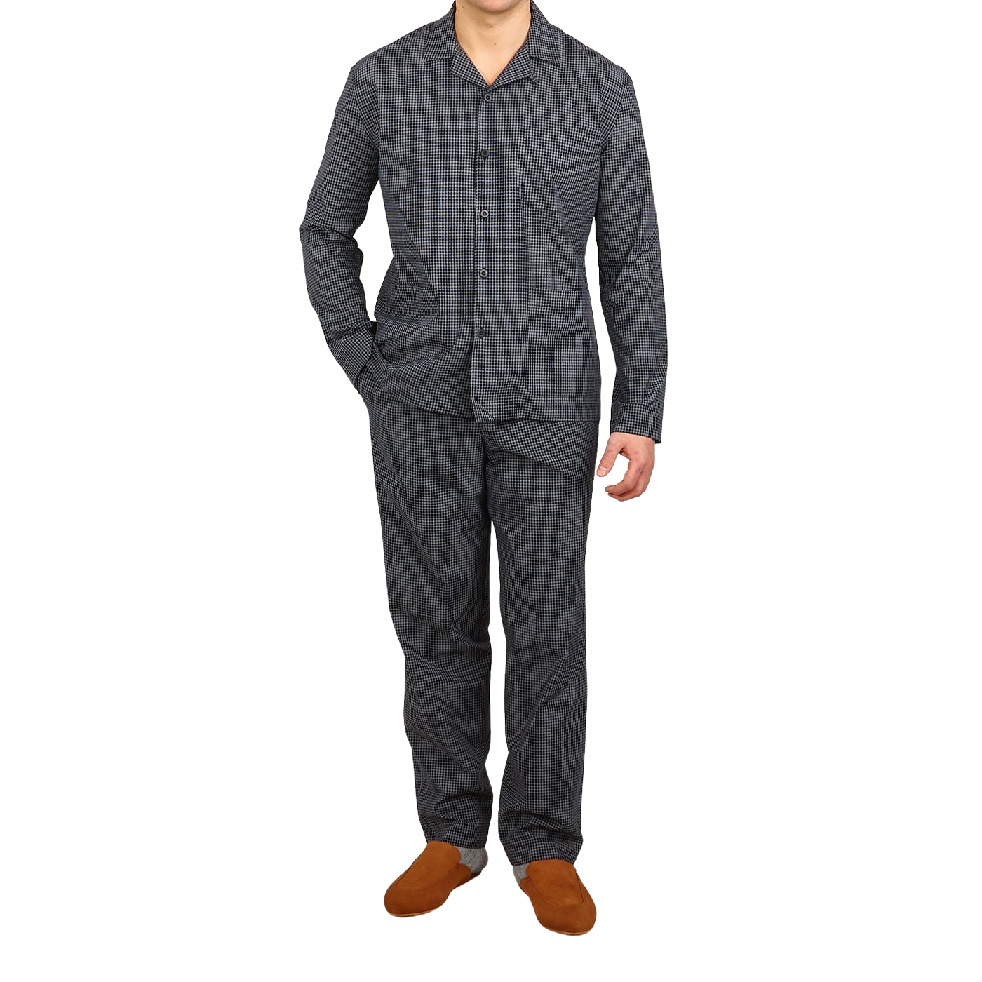 Sunspel Navy Checked Windowpane Cotton Pyjama Full Front