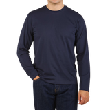 Susnpel Navy Blue Cotton Riviera Long Sleeve T-Shirt Front