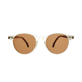 A pair of Cran Bicolour Classic Tortoise Tobacco Lenses 49mm sunglasses with brown lenses on a black background, handmade in Italy by The Bespoke Dudes.