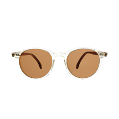 A pair of Cran Bicolour Classic Tortoise Tobacco Lenses 49mm sunglasses with brown lenses on a black background, handmade in Italy by The Bespoke Dudes.