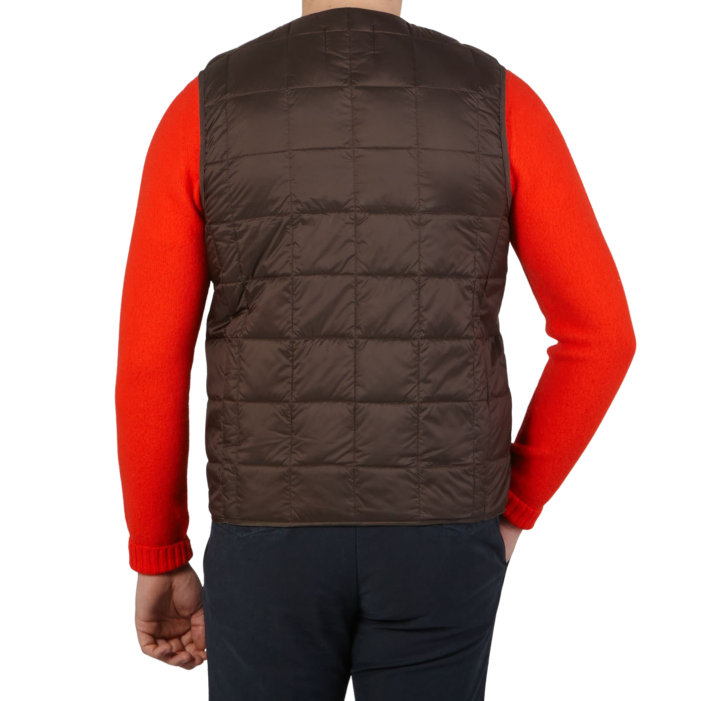 The back view of a man wearing a Taion Dark Chocolate Nylon Down Padded Vest and orange sweater.