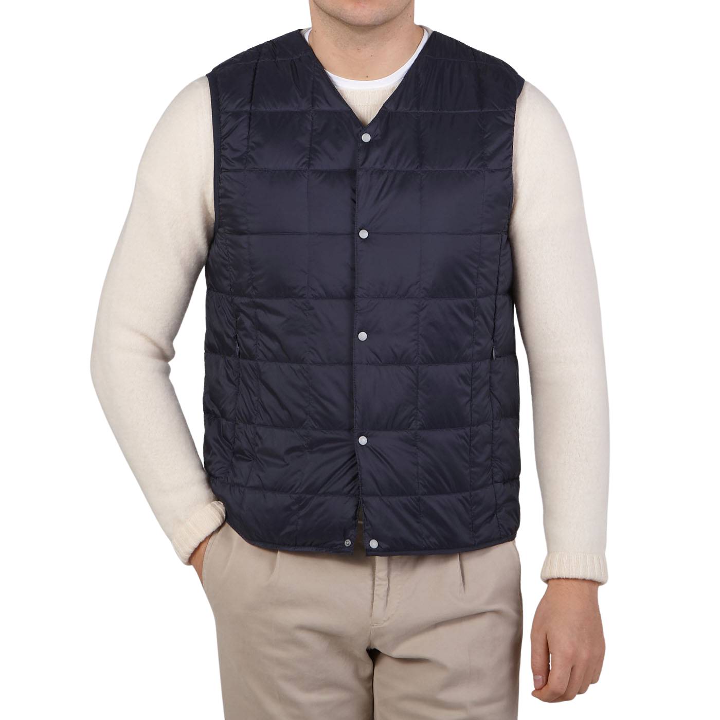 Taion Navy Blue Nylon Down Padded Vest Front