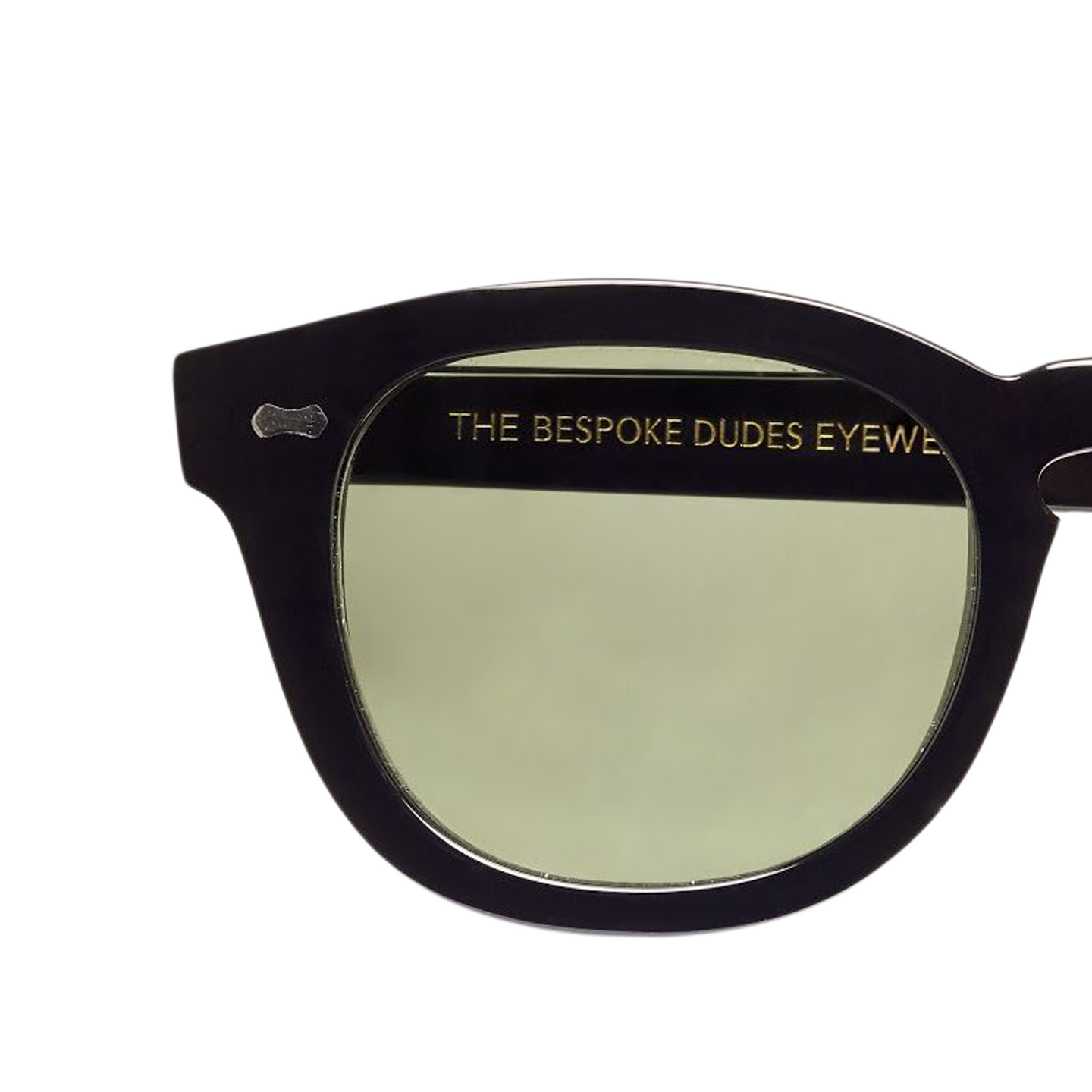 A pair of Donegal Black with Green Lenses 49mm sunglasses by The Bespoke Dudes with the words 'the resource dudes eyes' on them, crafted in Italy.