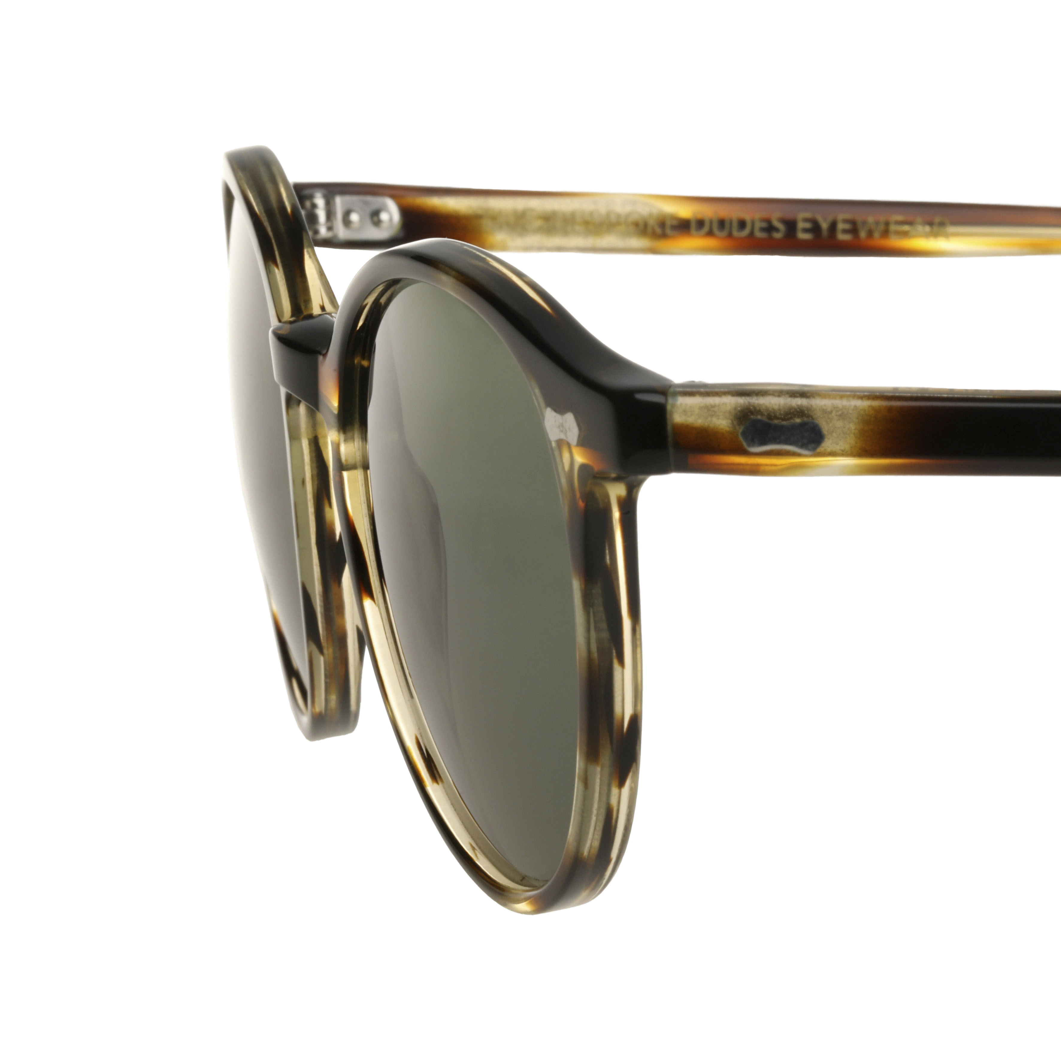 High-quality Cran Light Havana Bottle Green Lenses sunglasses with tortoise frames in a modern panto shape from The Bespoke Dudes.