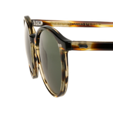 High-quality Cran Light Havana Bottle Green Lenses sunglasses with tortoise frames in a modern panto shape from The Bespoke Dudes.