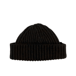 A Black Cashmere Ribbed Short Beanie made with Scotland's finest chunky cashmere thread by William Lockie.