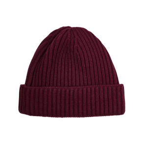William Lockie Bordeaux Geelong Lambswool Ribbed Beanie Feature