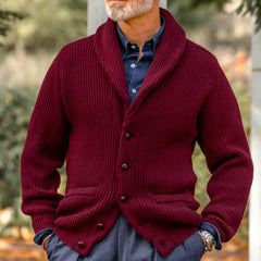 William Lockie Bordeaux Lambswool Shawl Collar Cardigan Model