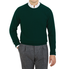 William Lockie Bottle Green Crew Neck Cashmere Sweater Front