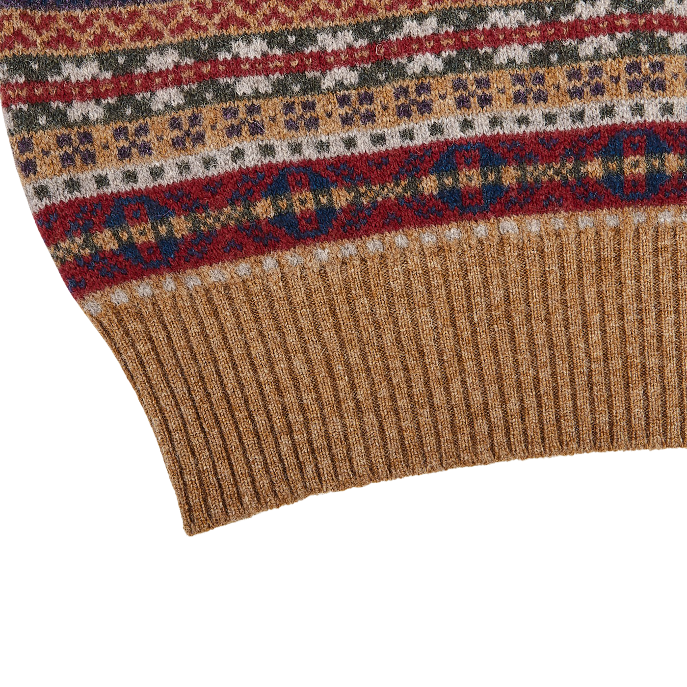 William Lockie Brown Fairisle Crew Neck Lambswool Sweater Edge