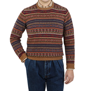 William Lockie Brown Fairisle Crew Neck Lambswool Sweater Front