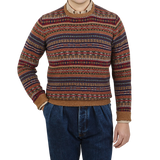 William Lockie Brown Fairisle Crew Neck Lambswool Sweater Front