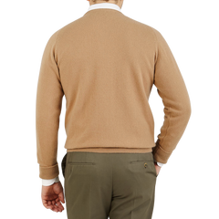 William Lockie Camel Beige Crew Neck Cashmere Sweater Back