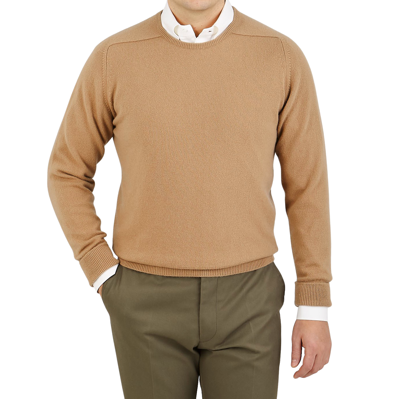 William Lockie Camel Beige Crew Neck Cashmere Sweater Front