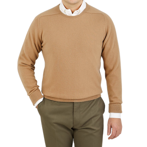 William Lockie Camel Beige Crew Neck Cashmere Sweater Front