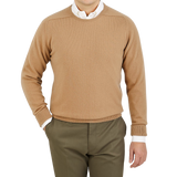 William Lockie Camel Beige Crew Neck Cashmere Sweater Front