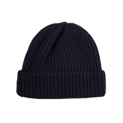 William Lockie Dark Navy Geelong Lambswool Ribbed Beanie Feature