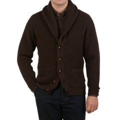 William Lockie Ebony Brown Lambswool Shawl Collar Cardigan Front