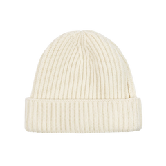 William Lockie Ecru Geelong Lambswool Ribbed Beanie Feature