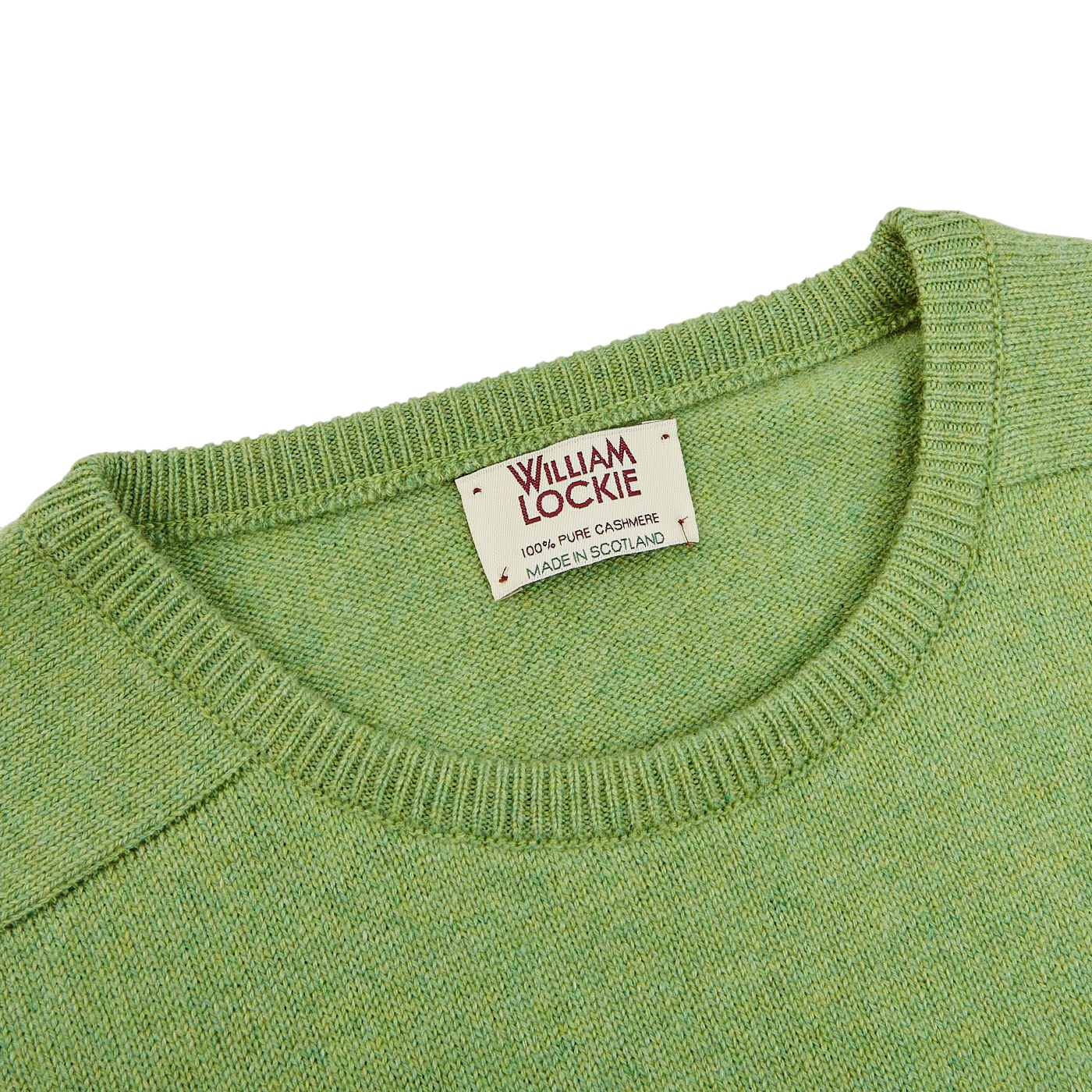 William Lockie Foliage Green Crew Neck Cashmere Sweater Collar