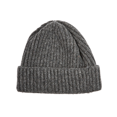 William Lockie Grey Geelong Lambswool Ribbed Beanie Feature