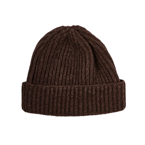 William Lockie Hickory Brown Geelong Lambswool Ribbed Beanie Feature