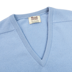 William Lockie Hyacinth Blue V-Neck Cashmere Sweater Collar