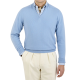William Lockie Hyacinth Blue V-Neck Cashmere Sweater Front
