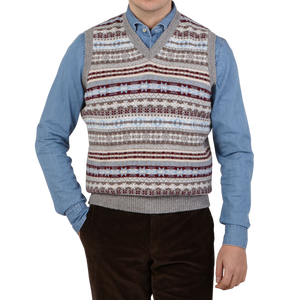 William Lockie light grey Fair Isle V-neck lambswool slipover sweater